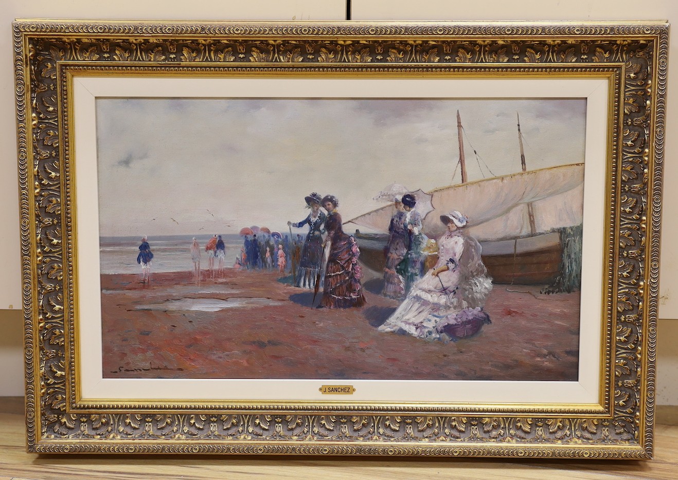 J. Sanchez, oil on canvas, Edwardian ladies on the beach, signed, 32 x 54cm